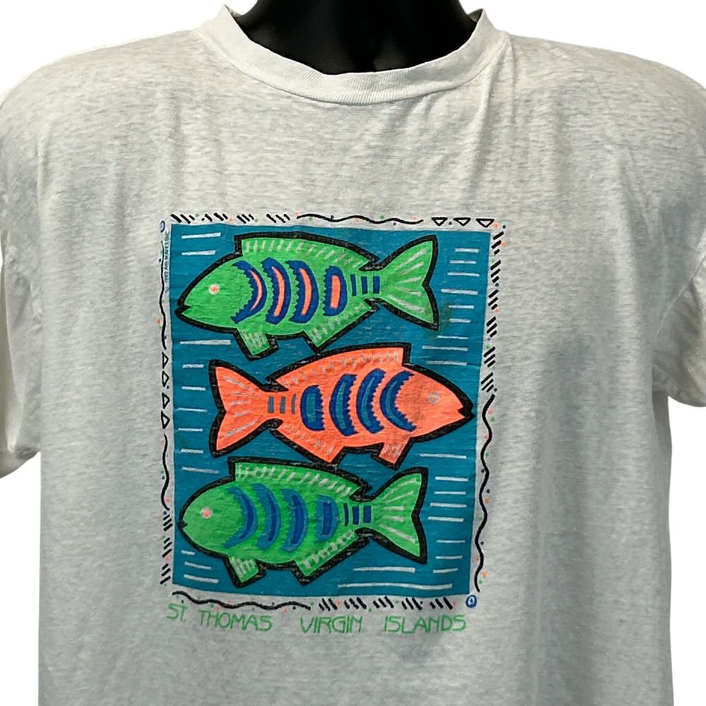 Vintage 90s St Thomas Fish T Shirt White Travel US Virgin Islands Unisex L Large